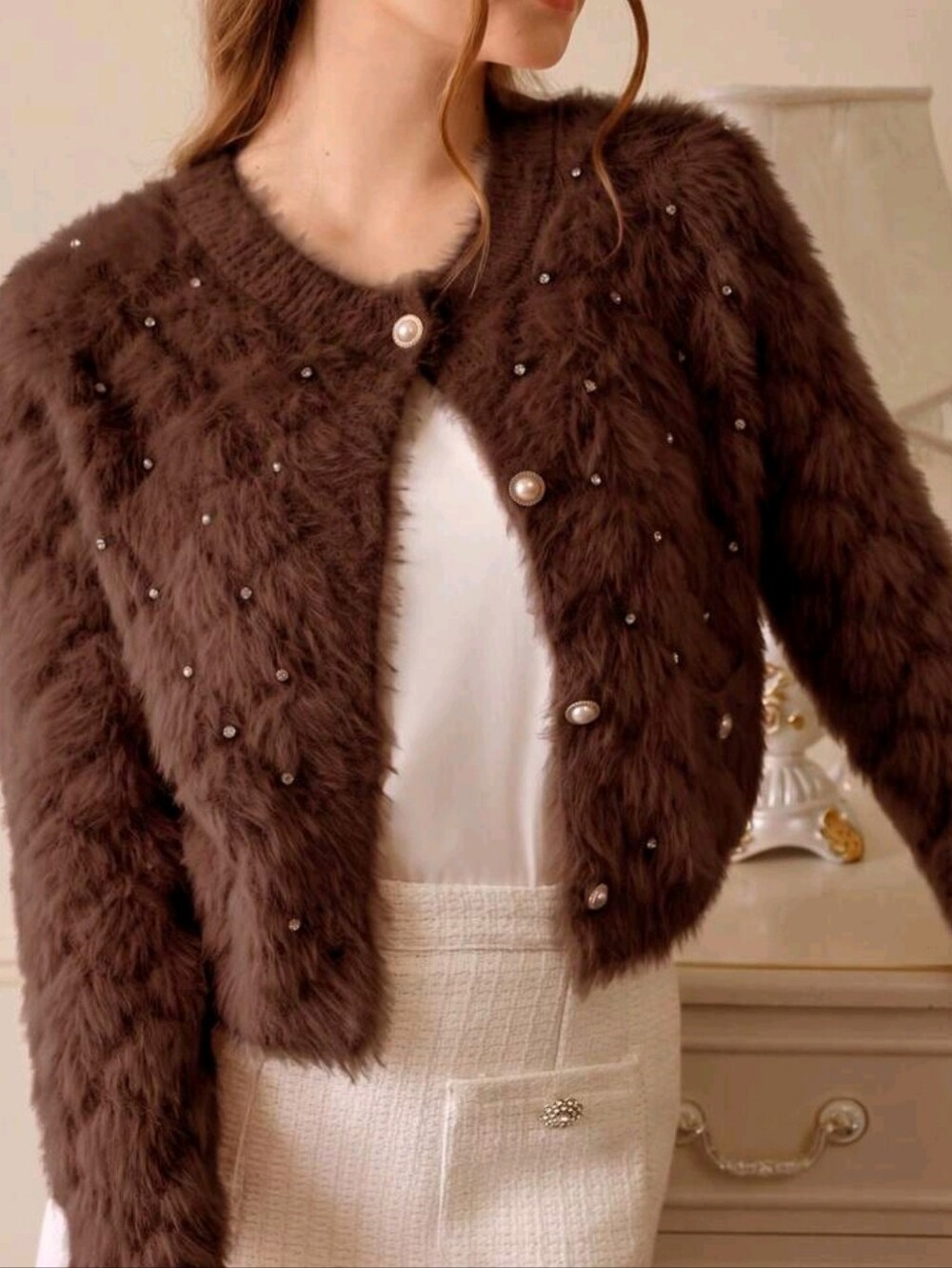 New Luxe Embellished Fluffy Knit Cardigan Sweater Rhinestone Faux Pearl Brown